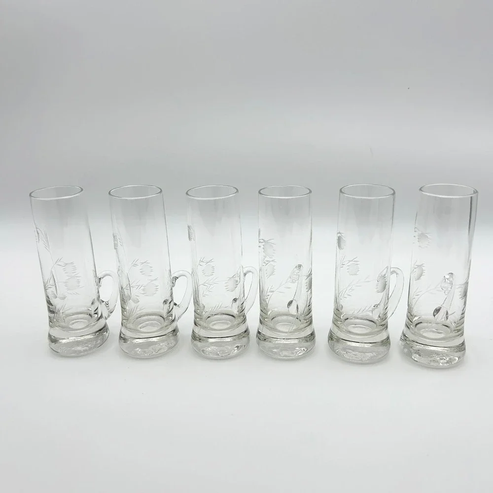 Vintage‎ Etched Crystal Cordial Glasses - Set of 6 Thistle & Wheat Liqueur Cups